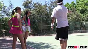 נערות צעירות מתפנקות בסקס קבוצתי קשוח במחנה קיץ