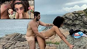 Interracial par blir stygga på en nudiststrand